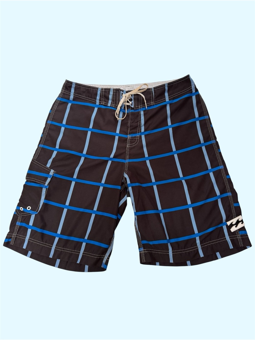 Y2K Billabong Plaid Board Shorts Surf Swim Black Blue Embroidery Size 34